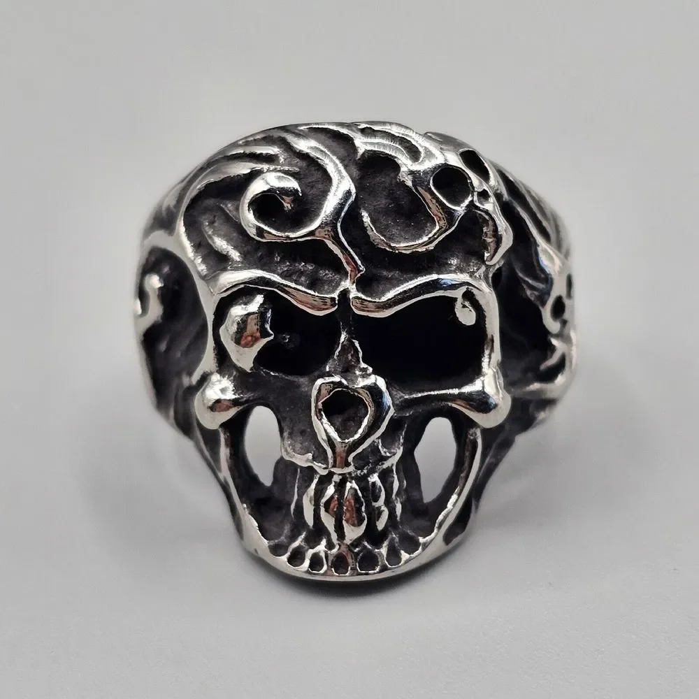Mens Stainless Steel Skull Ring Gothic Biker Halloween Metal Punk 3D Size 10.5